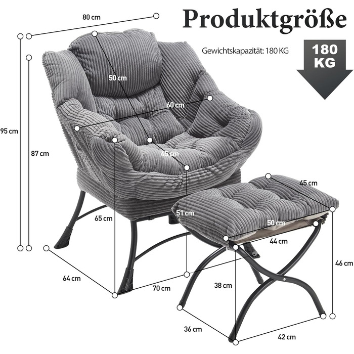 Крісло-гойдалка з оттоманкою, реклайнер з підніжкою крісло для спальні для дорослих, сучасне декоративне крісло для відпочинку з підлокітниками, ергономічна підставка для ніг, сірий колір