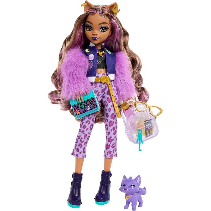 Лялька Monster High Клодін Вульф з собакою Кресентом та аксесуарами, такими як рюкзак, календар, снеки тощо, роздрібна ціна 65 HRP