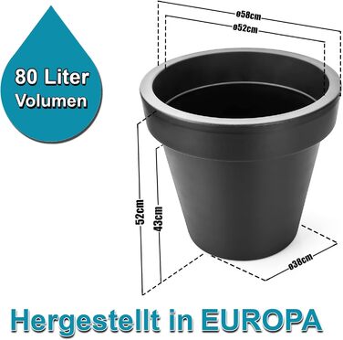 Квітковий горщик BigDean 2 шт. XXL ø60 см, класичний антрацит - з колесами, що обертаються на 360 градусів, дренажний отвір, що герметично закривається - всепогодний пластик - великий горщик, підходить для використання в приміщенні та на вулиці