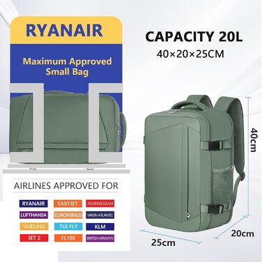 Ручна поклажа 40x20x25 для Ryanair - Рюкзак для ручної поклажі під сидінням, рюкзак для подорожей вихідного дня - Зелений