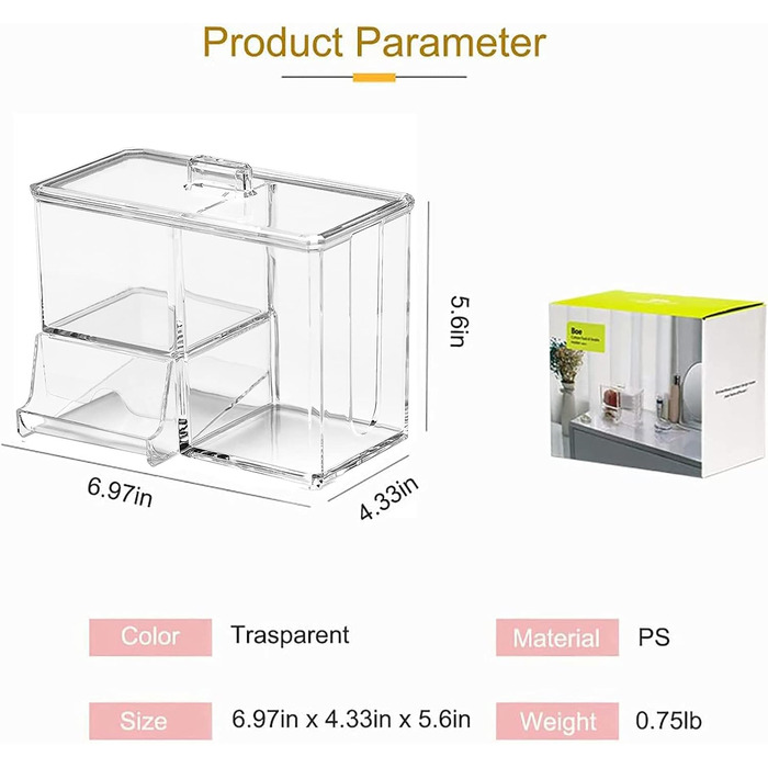 Органайзер для макіяжу ватних паличок, коробка для тримача ватних кульок з кришкою 3-сітчастий контейнер для дозатора Q-Tip, ватяні палички Акрилова кришталево прозора коробка для зберігання, круглий футляр для косметичної каністри з ватними дисками