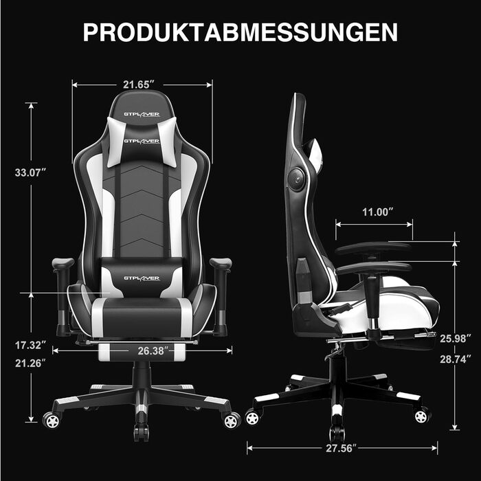 Ігрове крісло GTPLAYER з підставкою для ніг, Bluetooth-колонка, ергономічне офісне крісло, комп&39ютерне крісло, стільце для столу, крісло для ПК з регульованою спинкою, вантажопідйомність 150 кг, білий колір