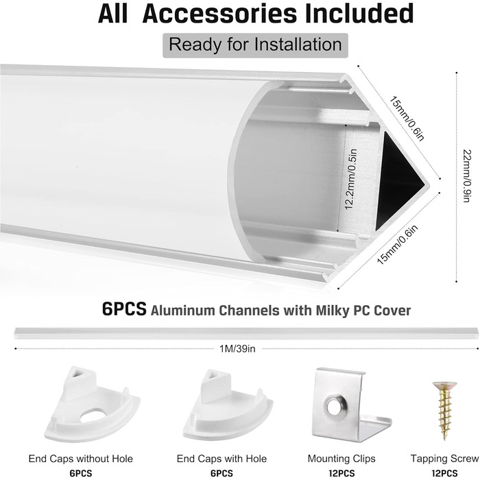 Світлодіодний алюмінієвий профіль DazSpirit, 6 шт. x 1 м світлодіодний V-подібний алюмінієвий профіль 45 з білою молочною кришкою, торцевими кришками та монтажним кронштейном для світлодіодних стрічок V-подібної форми-6 шт.