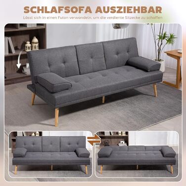 Розкладний диван HOMCOM, 3-місний диван, розкладний диван з розкладним столиком, підставка для чашок, диван-ліжко з лляним виглядом, гостьове ліжко-ліжко для вітальні, темно-сірий, 181Д x 77Ш x 78В см