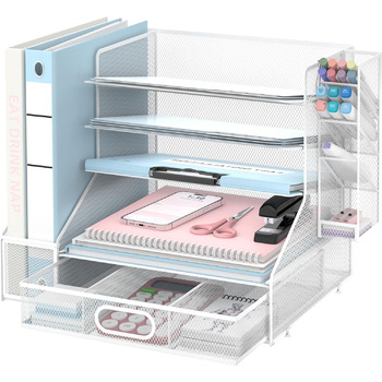 Органайзер для робочого столу з тримачами для файлів, 5-ярусний сітчастий лоток для паперу з тримачем для ручок та шухлядою для канцелярського приладдя, білий