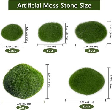 Штучних мохових каменів, 5 розмірів кульок із зеленого моху, штучних мохових каменів, декоративної садової кулі з моху своїми руками, маленьких мохових каменів, декоративних штучних каменів для казкових садів і ремісничих тераріумів, 10 шт.
