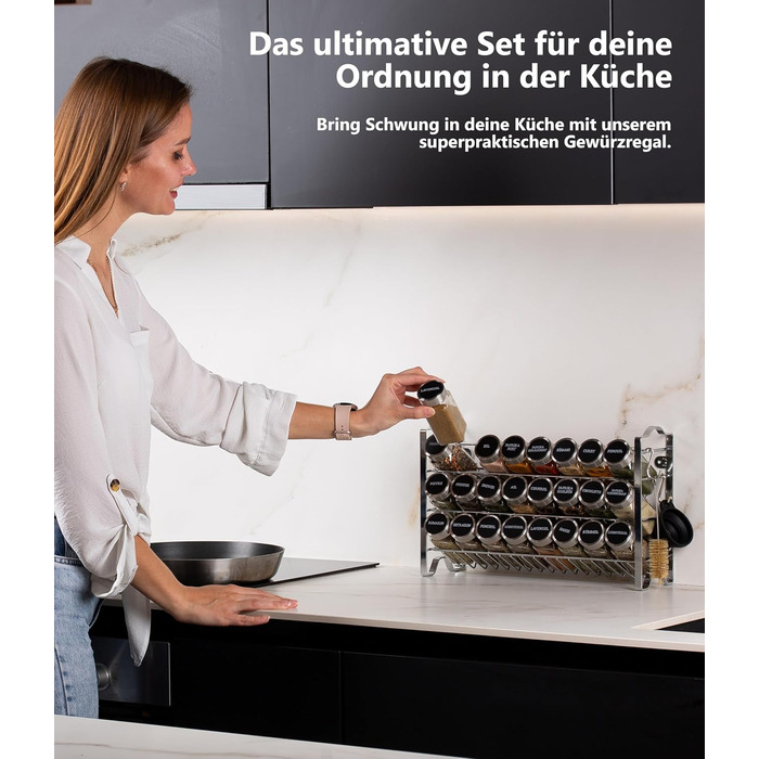 Квадратна підставка для спецій Deco haus з банками для спецій - Банки для спецій з полицею - Настінна підставка для спецій, підставка для спецій з набором з 24 банок для спецій - Металева підставка для спецій, не потребує свердління, хром - Набір з 24 пре