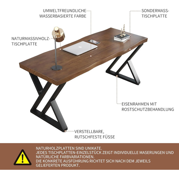 Письмовий стіл з масиву дерева 140 x 70 см, стіл для домашнього офісу з товстою стільницею, робоча станція для ПК та офісні меблі, сучасний стіл з сосни, ідеально підходить для навчання, письма, їжі FS-01