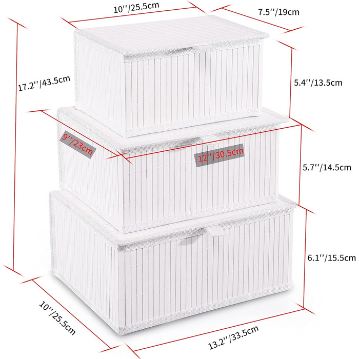 Біла скринька для зберігання Honygebia з кришкою декоративний бамбуковий кошик для зберігання, набір із 3 ротангових кошиків з кришками та тканими тканинними підкладками для ванної кімнати, кухні та організації полиць (великий/середній/малий)