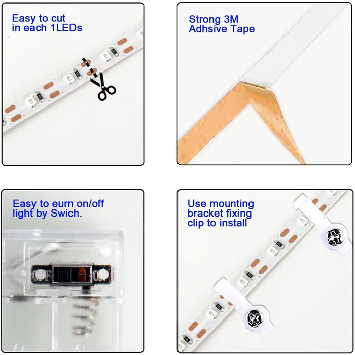 Світлодіодна стрічка JUNWEN з живленням від батареї, 5 В, денне світло, вирізане за розміром, 13,2 фута з 240 світлодіодами, портативне освітлення, 3 батарейки типу АА (не входять у комплект), не водонепроникний, 2 упаковки по 6,6 футів кожна. (Теплий біл