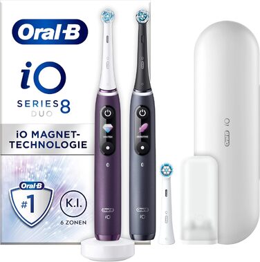 Електрична зубна щітка Oral-B IO Series 8, подвійна упаковка та 3 щітки, 6 режимів чищення для догляду за зубами, магнітна технологія, кольоровий дисплей, дорожній кейс, фіолетовий аметрін/чорний онікс