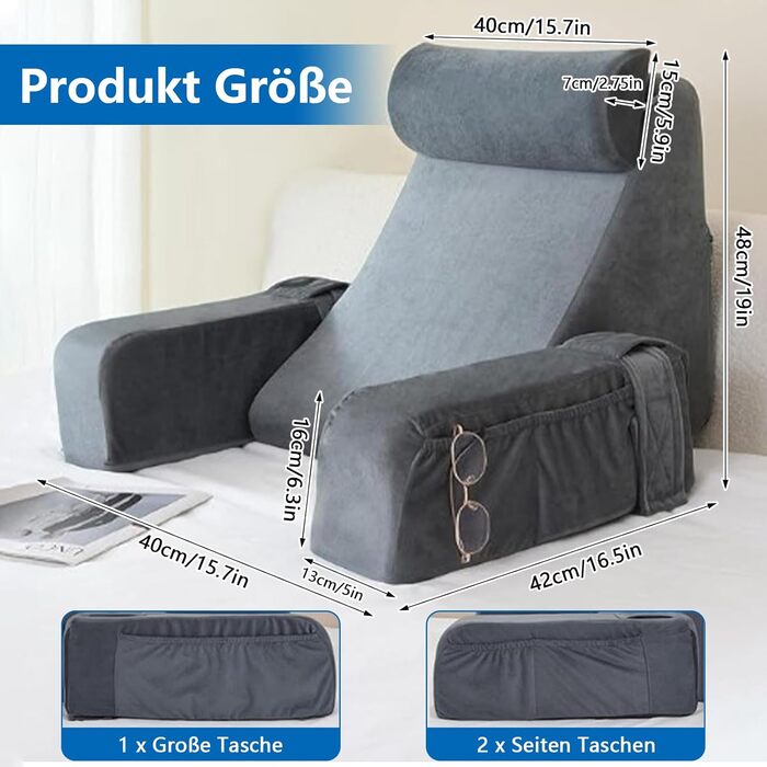 Подушка для спини, подушка для читання для ліжка та дивана зі знімними підлокітниками та підголівником, підтримка спини для дорослих, клиноподібна подушка з чохлом, який можна прати, подушка для спини для читання/гри/перегляду телевізора, сіра