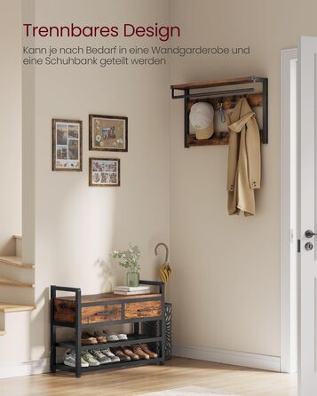 Вішалка для одягу VASAGLE з лавкою для взуття, шафа, місце для зберігання взуття, 2 шухляди для тканини, 10 гачків, 6 бічних гачків, 30 x 80,4 x 181,6 см, вінтажний коричневий-чорний HSR429B01 Вінтажний коричневий, чорнильний