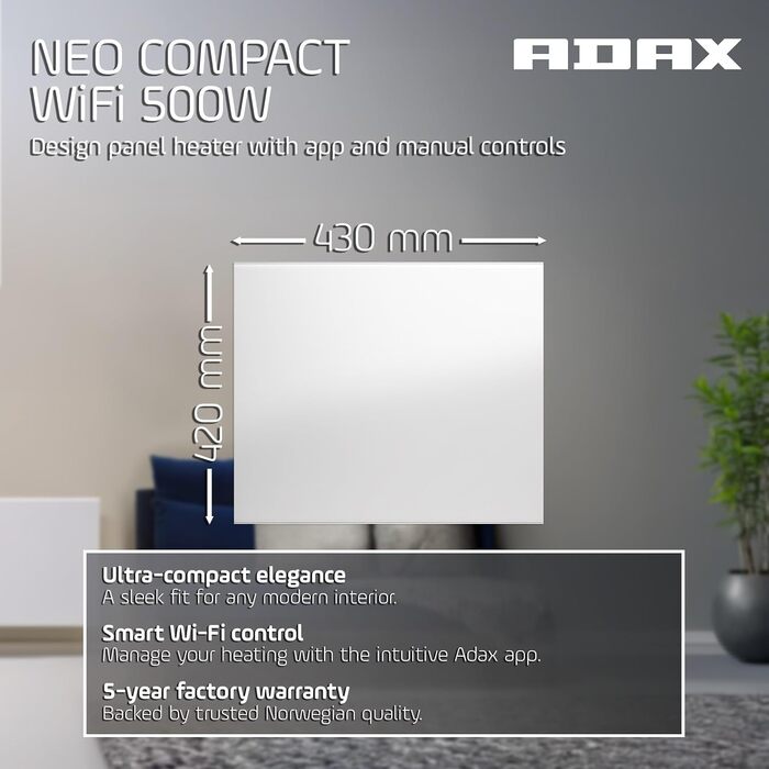 Розумний електричний радіатор з WiFi - 500 Вт, білий Настінний електричний обігрівач Настінний конвектор - 420 мм Керування за допомогою смартфона Термостат з РК-дисплеєм Електричний обігрівач 500 Вт білого кольору