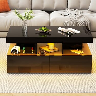 Глянцевий журнальний столик зі світлодіодним освітленням, сучасний журнальний столик для вітальні, чорний журнальний столик з відкритою полицею та 2 шухлядами, прямокутний журнальний столик для вітальні, 104x53x46 см