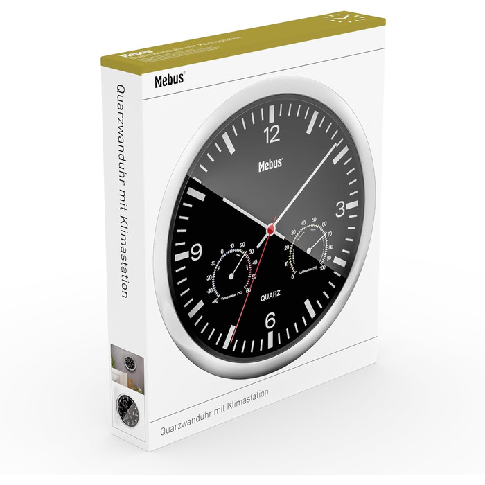 Кварцовий настінний годинник Mebus з термометром і гігрометром / срібна рамка / чорний циферблат / діаметр 25 см / круглий / модел