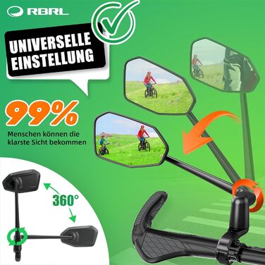 Дзеркало заднього виду для велосипеда RBRL зі справжнім склом ProVision, тримач дзеркала з алюмінієвого сплаву, ударостійке та міцне, поворотне на 360 та складне, для електровелосипедів, електросамокатів (ліве)