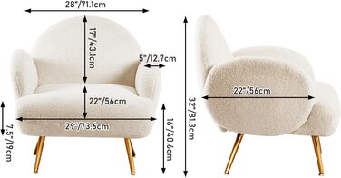 Сучасне крісло для відпочинку, одномісний диван, диван для відпочинку, затишна плюшева тканина, золотисті металеві ніжки, підходить для вітальні, спальні, білий, біло-золоті підлокітники