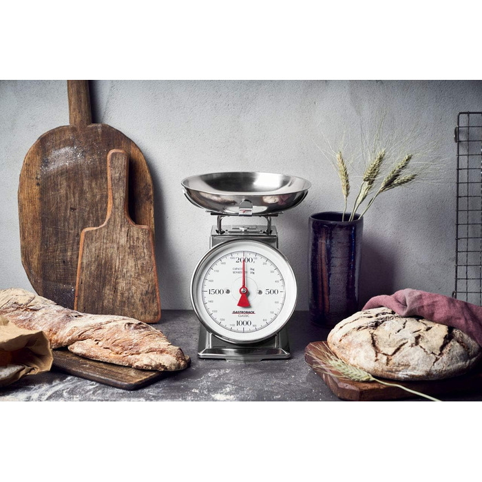 Ваги, 2 кг з функцією тари, кухонні ваги, аналогові, з чашею для зважування, поліровані, нержавіюча сталь сріблястого кольору, 301