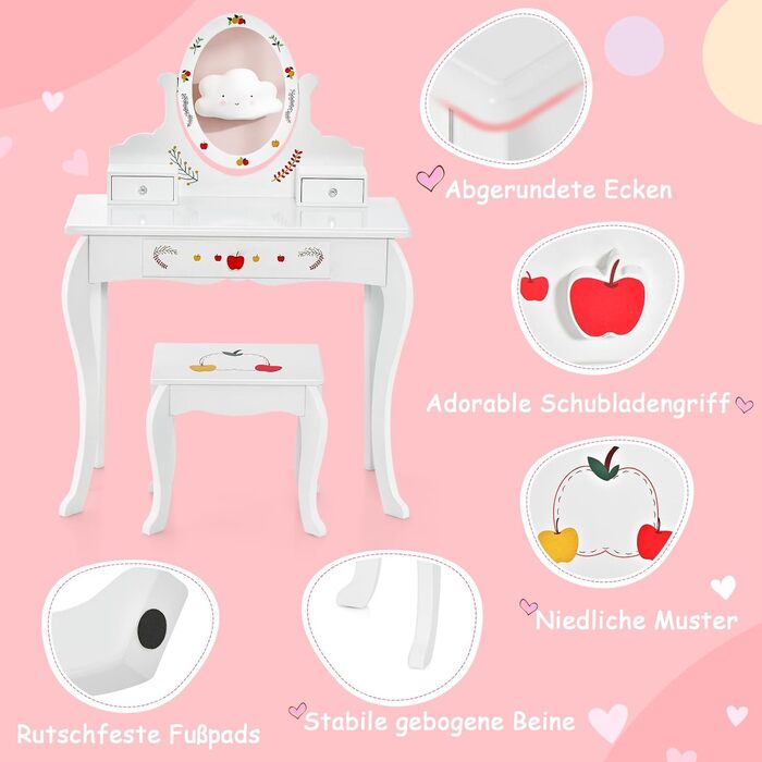 В 1 макіяжний столик зі стільчиком, дитячий макіяжний столик з обертовим та знімним дзеркалом, міцний письмовий стіл з 3 шухлядами