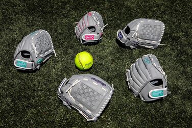 Дитяча софтбольна рукавичка Rawlings Girls&39 Sure Catch Розміри 10-12,5 дюймів Різні стилі, сіра/фіолетова, 12,5 дюймів, для правшів