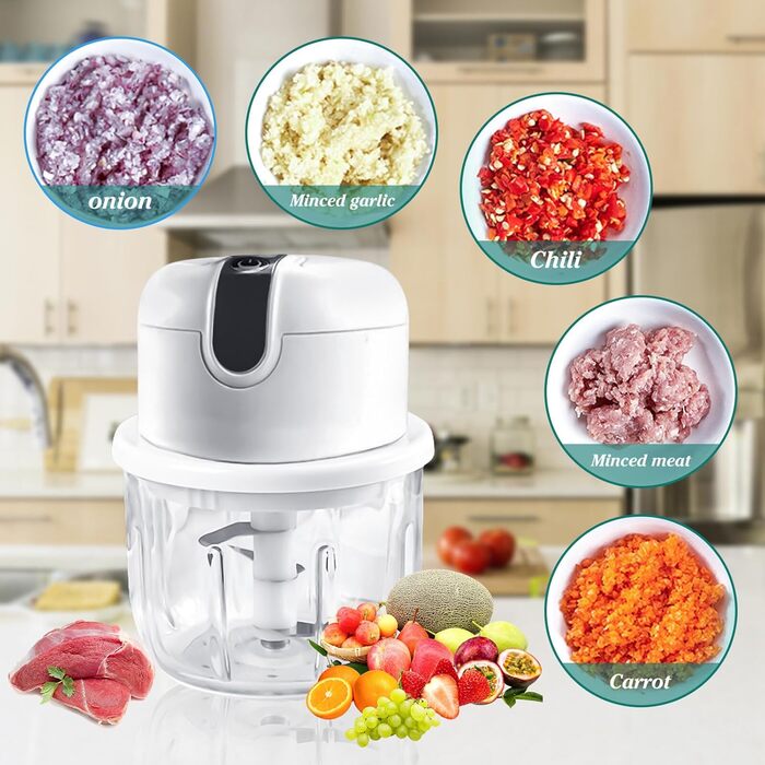 Подрібнювач кухонний електричний, міні-цибулева нарізка 250 мл з USB-портом, акумуляторна батарея для подрібнювача цибулі та лезо з нержавіючої сталі для подрібнення, нарізання та подрібнення (білий)