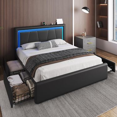 М&39яке ліжко 140 x 200 см з 4 шухлядами, світлодіодне освітлення, каркас ліжка 140 x 200 з регульованим узголів&39ям, зарядна станція, металева рейкова основа, легке складання, чорний колір 140 x 200 см