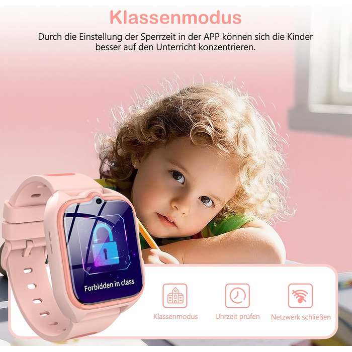 Розумний годинник IOWODO для дітей, годинник з функціями 4G та екстреним викликом SOS, LBSWiFiGPS-трекер, батарея 800 мАг 5 днів роботи, водонепроникність IP67, шкільний режим та навчальні ігри, дитячий годинник для хлопчиків та дівчаток, 4G - рожевий
