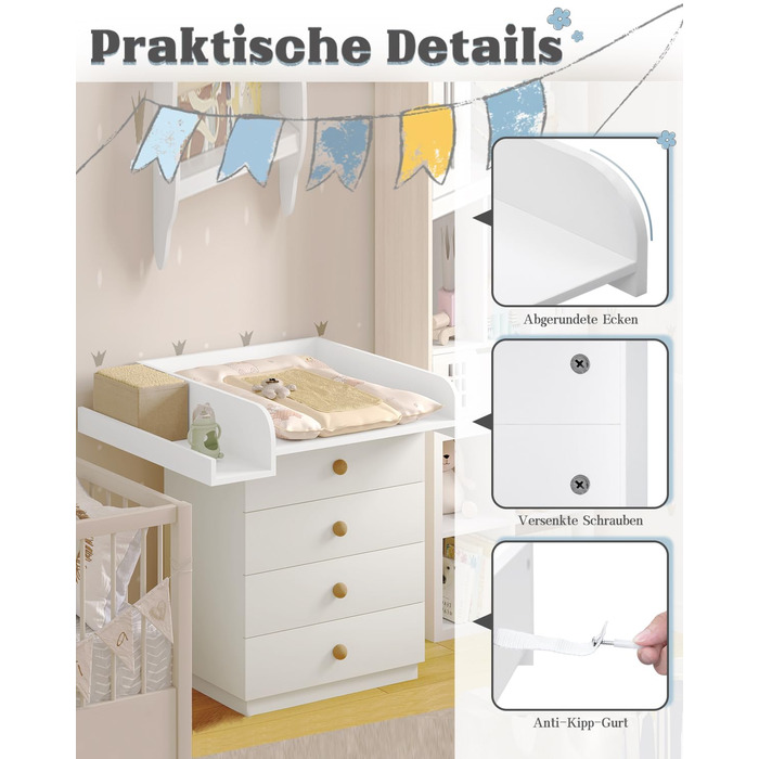 Насадка для пеленального столика WOLTU для пральної та сушильної машин, з бічною полицею та ременем безпеки, біла, 80 x 16,5 x 70 см