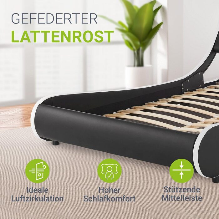 М'яке ліжко Juskys Valencia 140x200 см в комплекті з матрацом, світлодіодним підсвічуванням, рейковою рамою та узголів'ям - ліжко