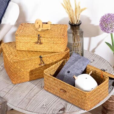 Кошики для зберігання речей, комплект кошиків з ротанга з 3 предметів з кришками, плетені кошики для подарунків, багатофункціональні кошики з морської трави, органайзери для косметики для ванної кімнати, вітальні, кухні