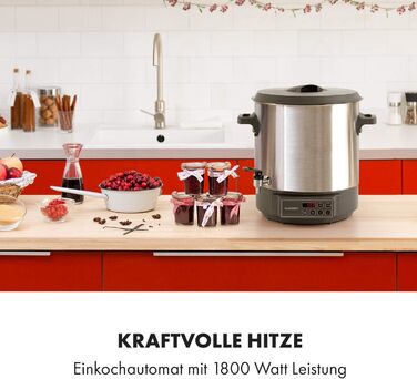 Машина для консервування мармеладу Klarstein Lady Дозатор гарячих напоїв Горщик для консервації, 27 літрів, 1800 Вт, 30-100 C, таймер, функція збереження тепла, захист від перегріву, матова нержавіюча сталь