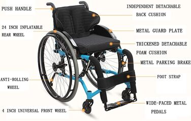 Легка складна спортивна інвалідна коляска - самохідний багатофункціональний транспорт для дорослих, людей похилого віку, інвалідів - алюміній, швидкі спортивні ролики, ручна ширина сидіння 40 см, синій