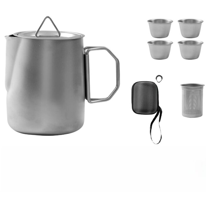 Набір для чаю з нержавіючої сталі 304, портативний для кемпінгу, подорожей на природі чайник з фільтром та 4 чашки, з герметичним носиком, компактний дизайн