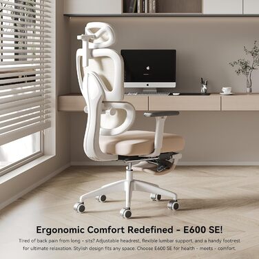 Ергономічне офісне крісло MUSSO E600SE, 3-рівневе регулювання поперекової опори, 3D-регульовані підлокітники та підголівник з підставкою для ніг, адаптоване для жінок, підтримка хребта під час сидіння (бежевий)