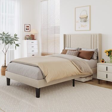 Ліжко Bealife з м&39якою оббивкою 120 x 200 см з рейковою основою міцний каркас ліжка з дерева та металу, м&39яке двоспальне ліжко з узголів&39ям для спальні та дитячої кімнати (бежевий, 120 * 200 см)