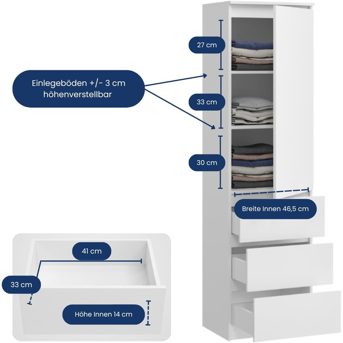 Гардеробна шафа Home Collective, вішалка для одягу, багатофункціональна шафа з 3 полицями та 3 шухлядами Функціональна шафа для спальні, коридору або кабінету 50x40x180 см (ШxГxВ) Білий