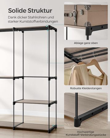 Відкрита шафа, вішалка для одягу, штанга для одягу, шафа, 3 підвісні полиці, багато місця, для спальні, вітальні, 138 x 43 x 182 см, сіро-коричневий RYG025R02 сіро-коричневий 138Д x 182В см