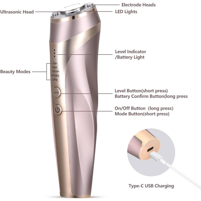 Радіочастотний та ультразвуковий пристрій для обличчя, 5 в 1 масажер для обличчя для видалення зморшок RF EMS світлотерапія, для підтяжки обличчя масаж проти зморшок проти старіння, перезаряджається від USB