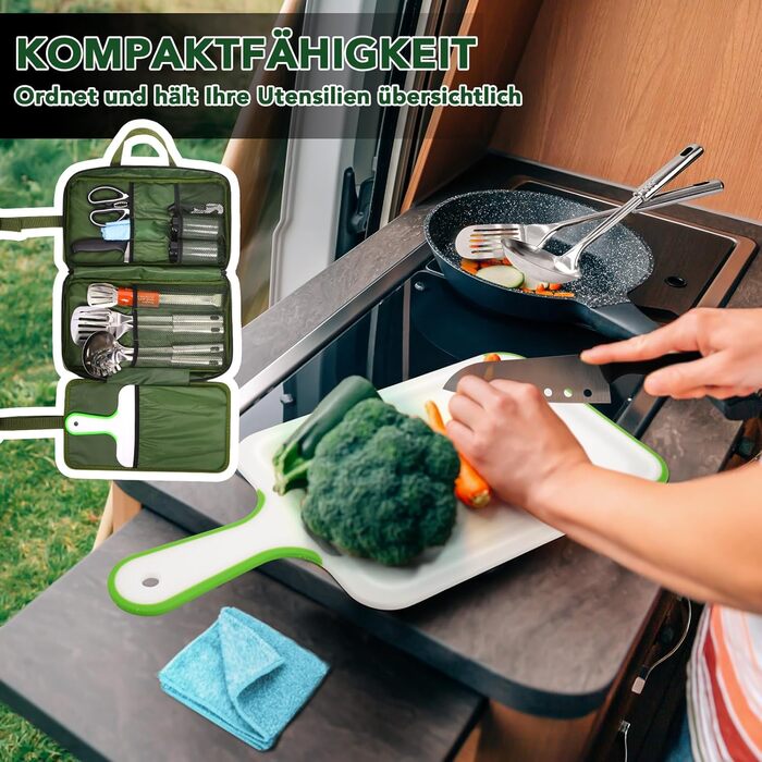 Набір похідного посуду E EASTSTORM з водонепроникною сумкою для кемпінгу, туризму та альпінізму, компактний та портативний, темно-зелений