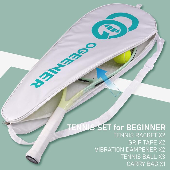 Тенісний набір OGEENIER Ocean Blue-Green 27" 2 ракетки 27 дюймів для чоловіків жінок дорослих початківці + 3 м’ячі + 2 грип-стрічки + 2 віброгасники + синьо-зелена сумка повний комплект на 2 гравців алюміній 280 г ITF-approved оригінал 2025