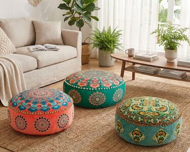 Бірюзовий круглий пуф-пуф з оксамитовою вишивкою Мяка вишита підлогова подушка з марокканським візерунком, діаметром 60 см, ідеально підходить для вітальні, спальні або кімнати для медитації. Бірюзовий колір 59Г x 59Ш x 20В см