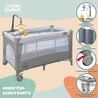 Дитяче ліжечко-дорожнє ліжечко all Kids United - Дитяче ліжечко Babycenter з матрацом, пеленальний килимок, музична іграшка та мобіль (сірий)