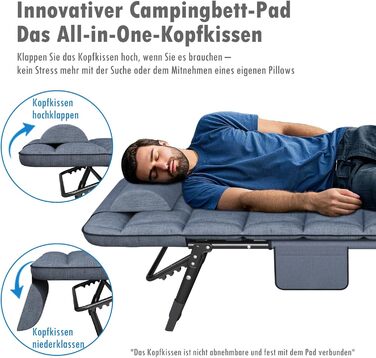 Складаний шезлонг з 4 регульованими положеннями спинки, портативна універсальна комбінація кемпінгового ліжка/шезлонга для саду, басейну, патіо, м&39який матрац та подушки - синій