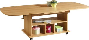 Функціональний журнальний столик Babsi, дерев&39яний матеріал з меламіновим покриттям, бук, регульована висота 53-63 см, розсувний 107-157 см, на колесах