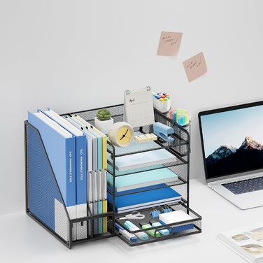 Сітчастий настільний органайзер з вертикальним тримачем для файлів, 5-ярусним лотком для паперу з висувною шухлядою та 2 тримачами для ручок, настільний органайзер з тримачем для журналів для офісного приладдя Black1