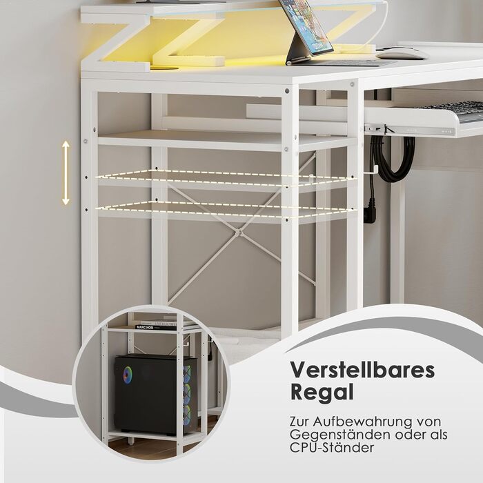 Подібний стіл Yeshine 140 см з підставкою для клавіатури, ігровий стіл з USB-портом зарядки та розеткою, комп&39ютерний стіл з RGB-підсвічуванням та шухлядами для роботи, навчання, відпочинку, білий