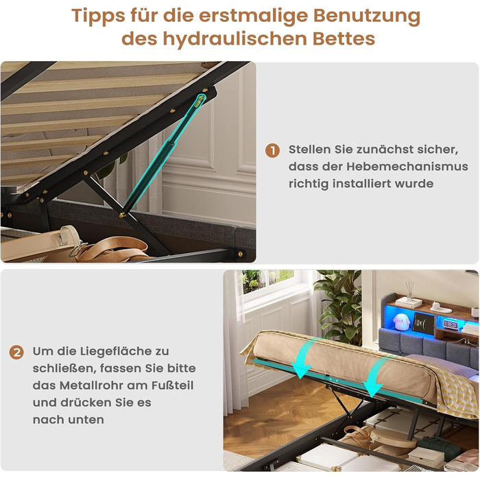 М&39яке ліжко 140200 см Гідравлічне ліжко з відсіком для зберігання речей та світлодіодним освітленням Дитяче ліжко з портами USB та Type-C Двоспальне ліжко Каркас ліжка з дерев&39яними ламелями, лляна тканина, без матраца (Темно-сірий, 140x200 см) 140x20