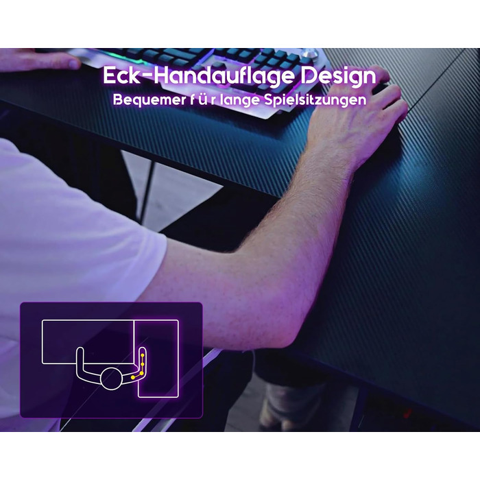 Ігровий стіл ODK зі світлодіодним освітленням та розетками, L-подібний ігровий стіл 100 см з місцем для зберігання, кутовий стіл з підставкою для монітора, комп&39ютерний стіл з вуглецевого волокна, чорний