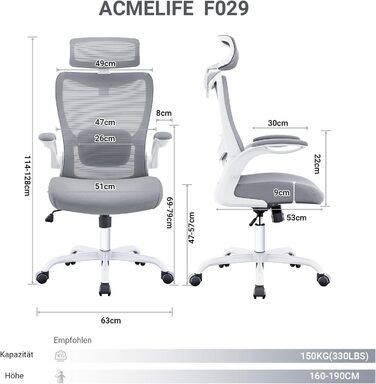 Ергономічне офісне крісло ACMELIFE, стілець для роботи зі складними підлокітниками, комп&39ютерне крісло, комп&39ютерне крісло з регульованим підголівником та поперековою опорою, крісло керівника, регульована висота, функція гойдання, до 150 кг, сірий